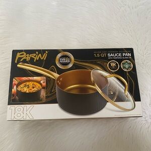 NIB-Parini Gold and Black 1.5 QT Sauce Pan with Tempered Glass Lid